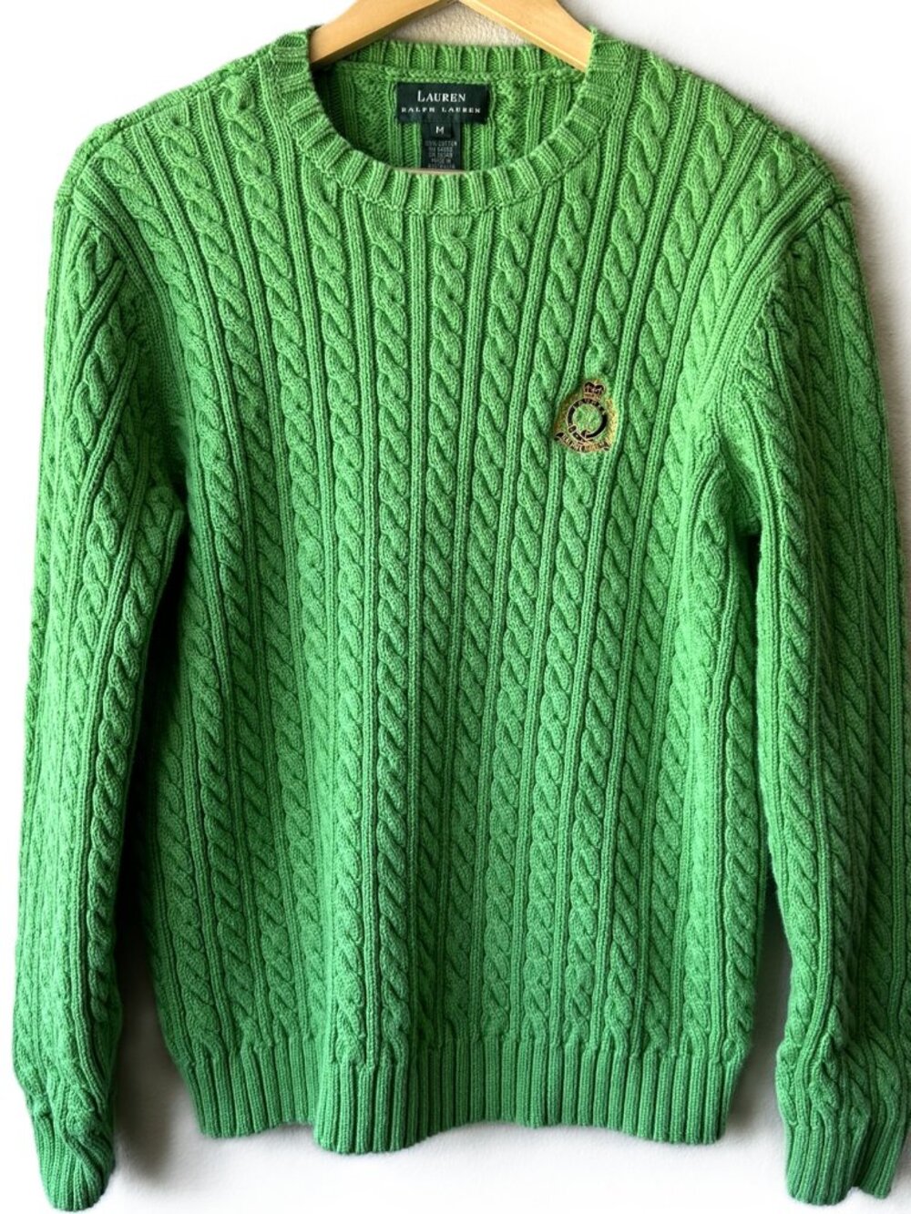 Lauren Ralph Lauren Crest Patch Cable Knit Sweater Women’s M Green Cotton